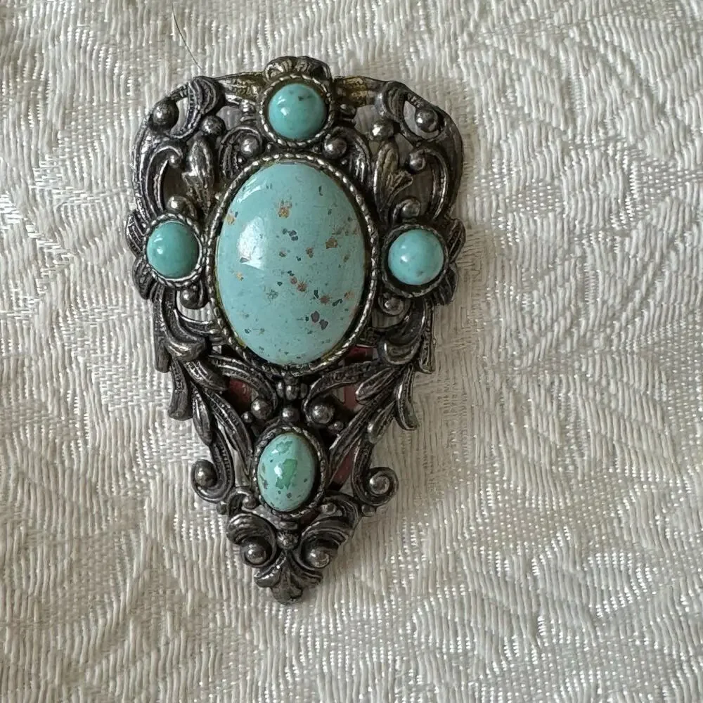 Vintage Art Deco Filigree Turquoise Glass & Silver Dress Fur Clip Brooch 1920s